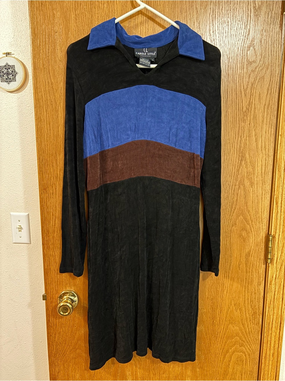 Vintage Carole Little Black Dress with Blue and Brown Colorblock Collar